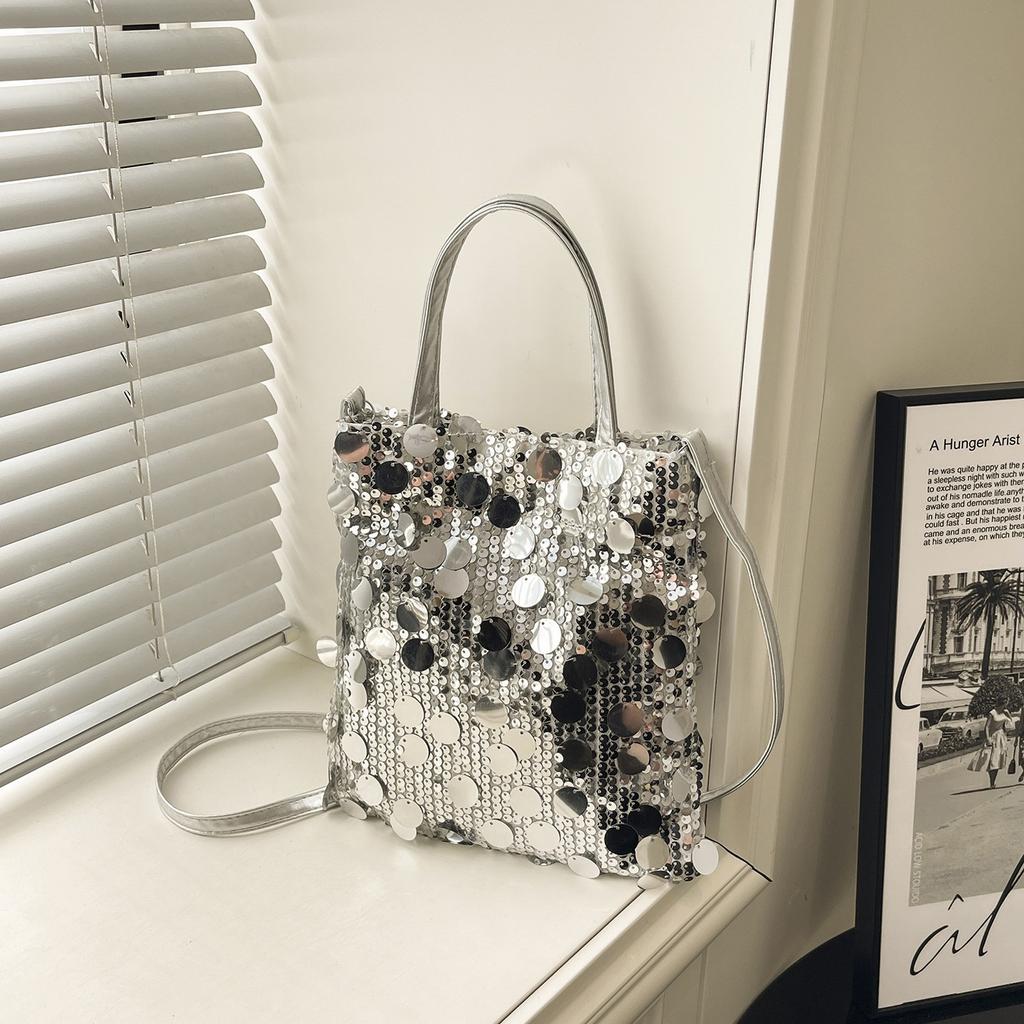 Women Sequined Bucket Handbag Retro Fashion Daily Commute Crossbody Shoulder Bag