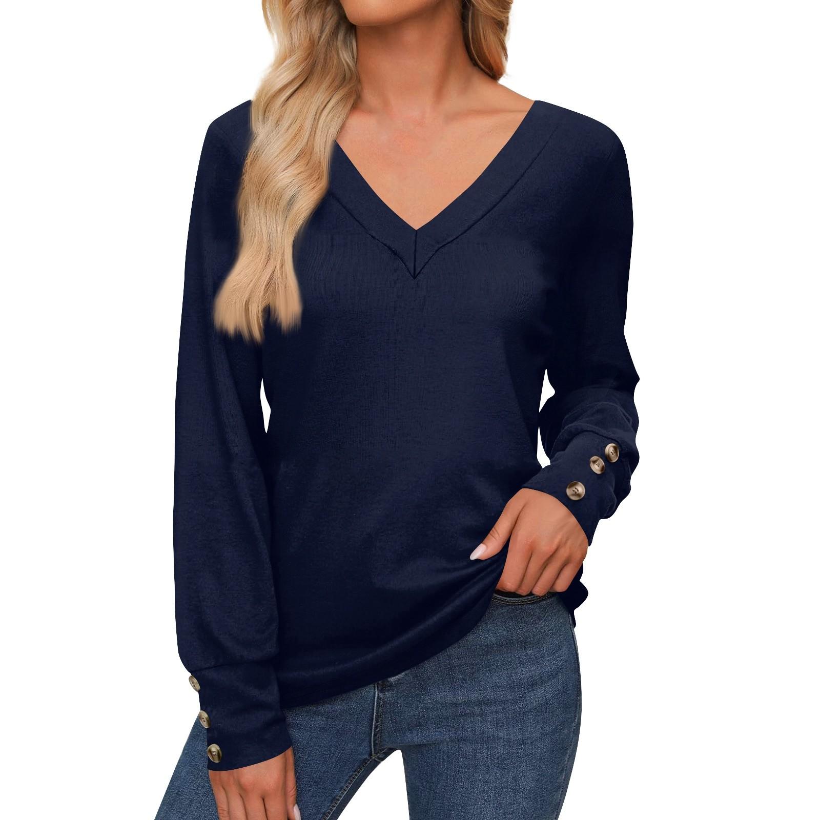 

Женские топы с длинными рукавами, манжетами, застегивающимися на пуговицы, рубашка с V-образным вырезом, свободная повседневная футболка, осенняя одежда L чёрный