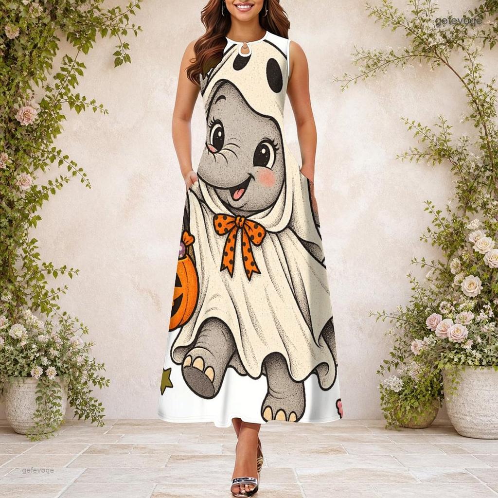 Women Plus Size Keyhole Neck Sleeveless Halloween Sloth Print A Line Long Dress