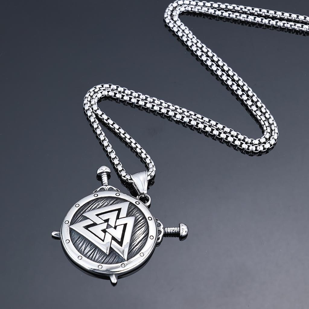 Viking Double Sword And Shield Pendant Necklace Stainless Steel Jewelry For Men Women