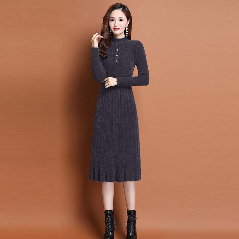 Faux Mink Fur Dress Mid-length Knitted Dress for Women Solid-color Casual Long-sleeved Sweater Autumn and Winter