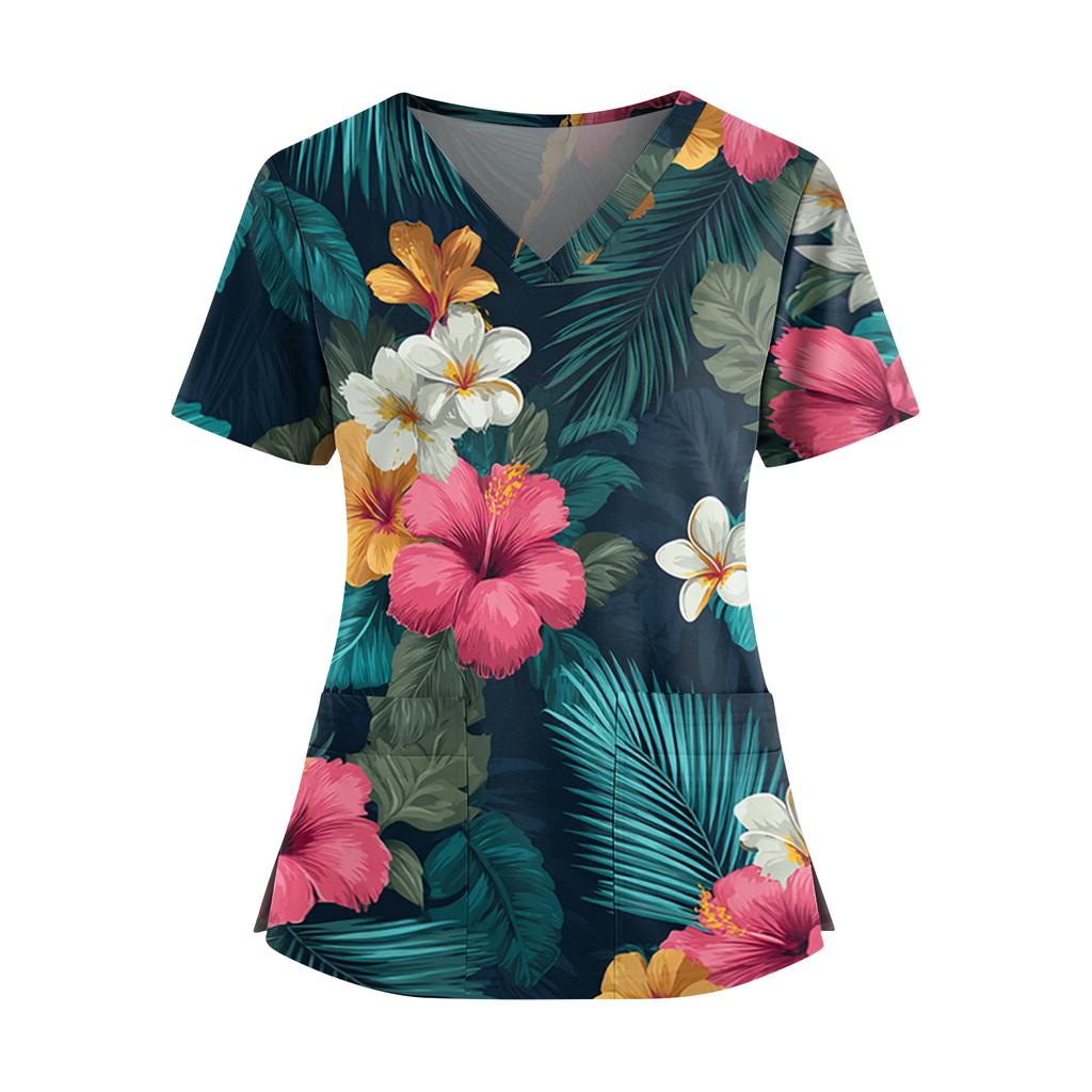 Women's Hawaiian Print V-Neck Double Pocket Short Sleeve Uniform/ Top