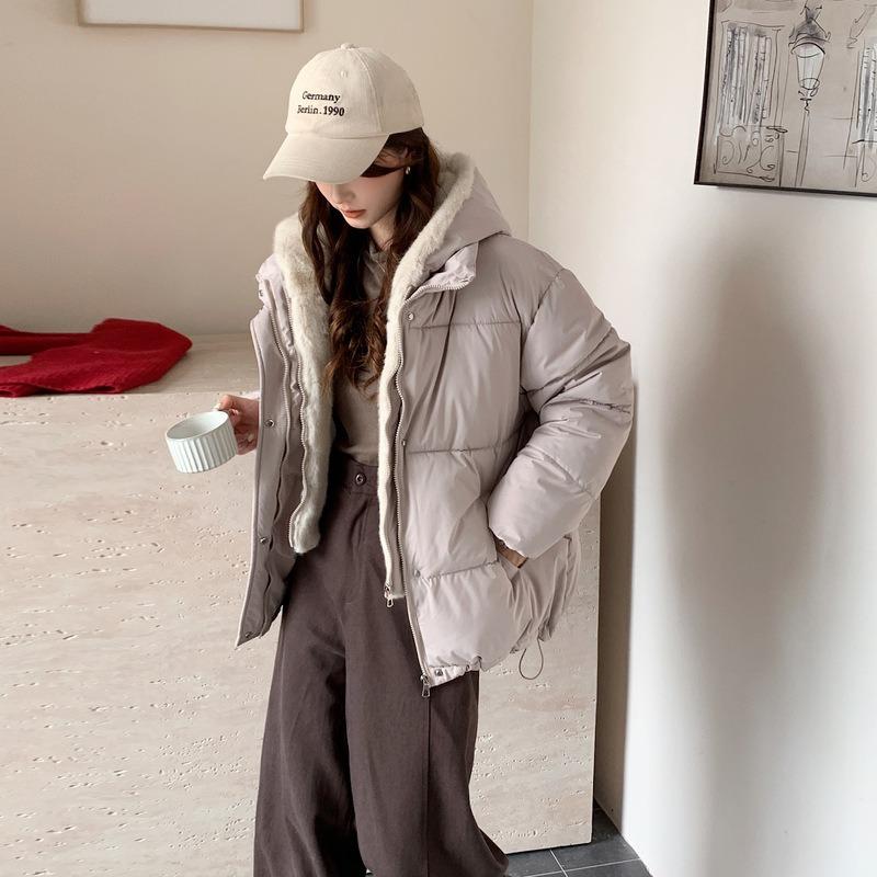 Stand-up collar women's cotton-padded jacket solid color loose velvet thickened hooded trendy fashion student women's bread cotton-padded jacket
