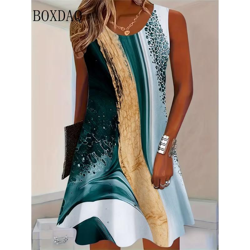 2026 Summer Printed Dresses Women's Fashion Sleeveless Holiday Beach Casual O Neck Party Vests Plus Size Dresses Loose Sundress