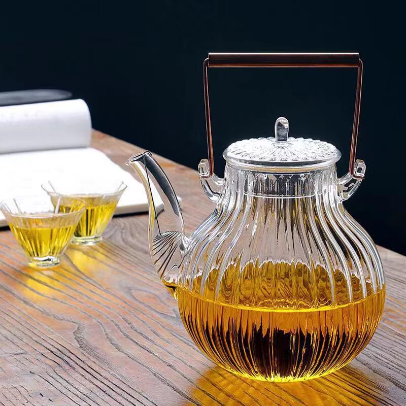 Chrysanthemum Petal High Borosilicate Glass Teapot Set with Copper Handle