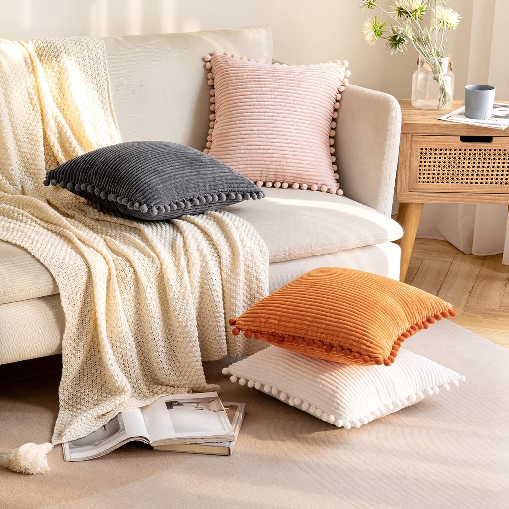 1pc Boho Decorative Pillow Covers with Pom-poms  Pillow Covers Corduroy Cushion Case Cute and Soft Square Throw Pillows