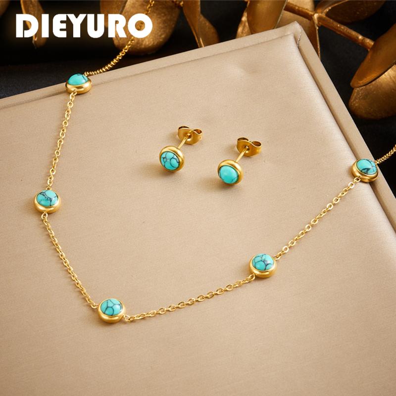 DIEYURO 316L Stainless Steel Turquoise Simplicity Golden Necklace Earrings For Women New Fashion Jewelry Set Party Gifts