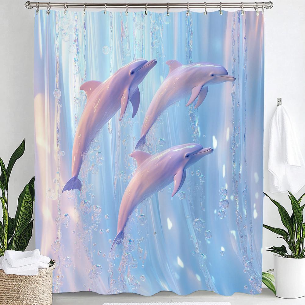 1pc Underwater World Blue Ocean Dolphin Cartoon Print Waterproof Shower Curtain Partition Privacy Hanging Curtain with 12 Hooks