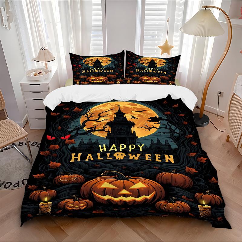 3pcs Horror Theme Happy Halloween Bedding Set - Includes Quilt Cover and Pillowcases, Suitable for All Seasons, Machine Washable - Ideal Gif