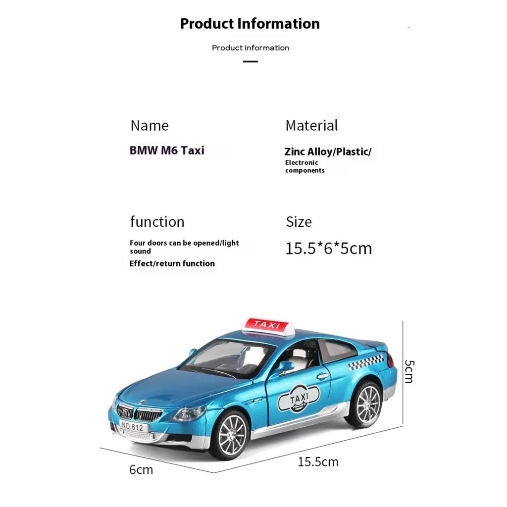 1/32 Scale BMW M6 Taxi Alloy Car Toy Diecast Metal Model Sound Light Pull Back Children Toy Home Decoration Ornaments Children Gift
