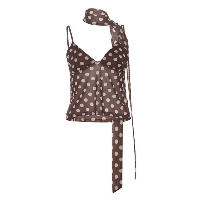 2025 European and American Summer New Cross-Border Polka Dot Sleeveless Slim-Fit Top and Polka Dot High-Waisted Elegant Skirt Set for Women Brown Top S
