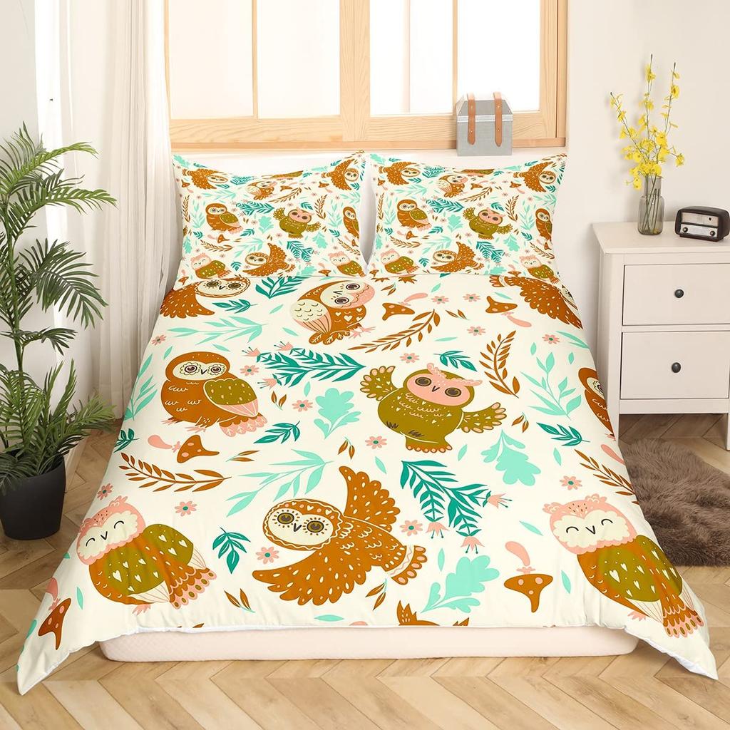 Cartoon Owl King Queen Duvet Cover Gray Cute Animal Bedding Set Pink Orange Grey Flowers Comforter Cover Polyester Quilt Cover