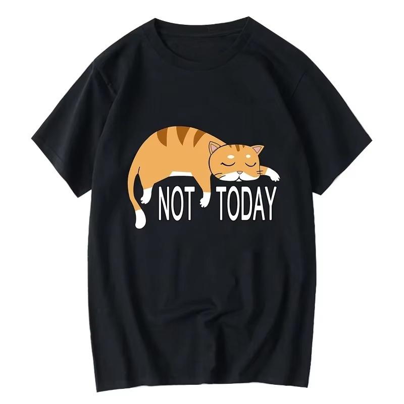 Summer Unisexs Tshirt High Quality Cotton Blend Funny Lazy Cat Printing Casual Cool Loose Oneck H
