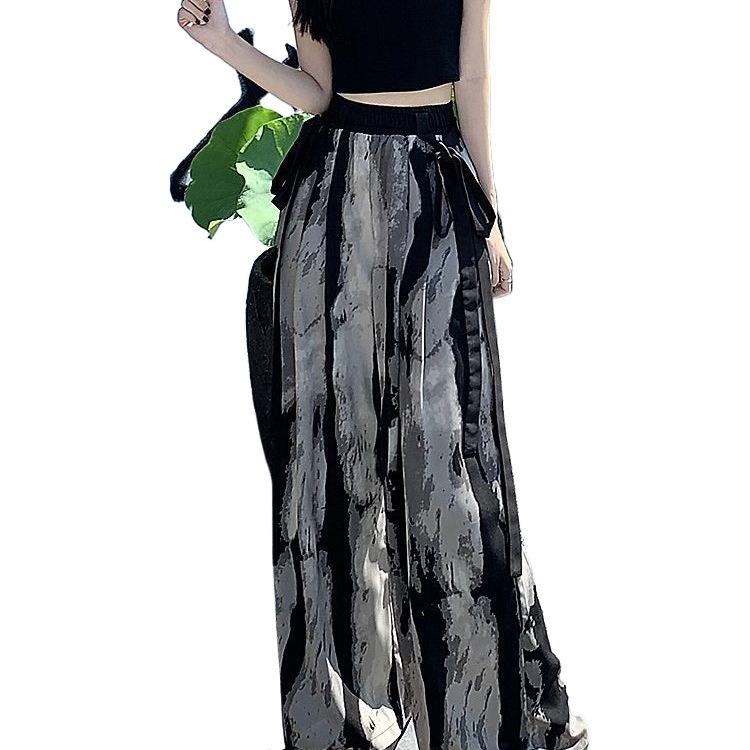 Plus Size Chinese Ink Painting High Waist Wide Leg Summer Skirt-Pants for Women