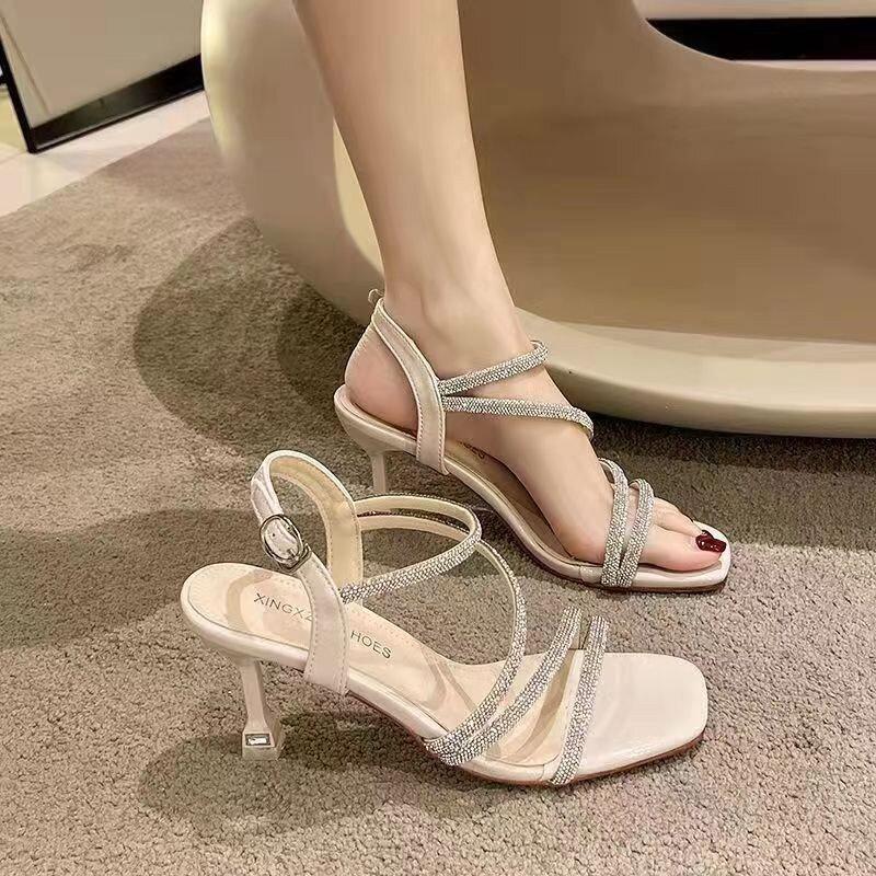 Stiletto Open Toe High Heels Women's Rhinestone Silver Versatile Buckle Strap Women's Sandals