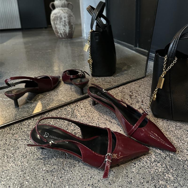 Fashion Patent Leather Thin Heel Pointed Toe Women Sandals 2025 Summer Buckle Low Heel Shallow Dress Shoe Sexy Party BrandsShoes