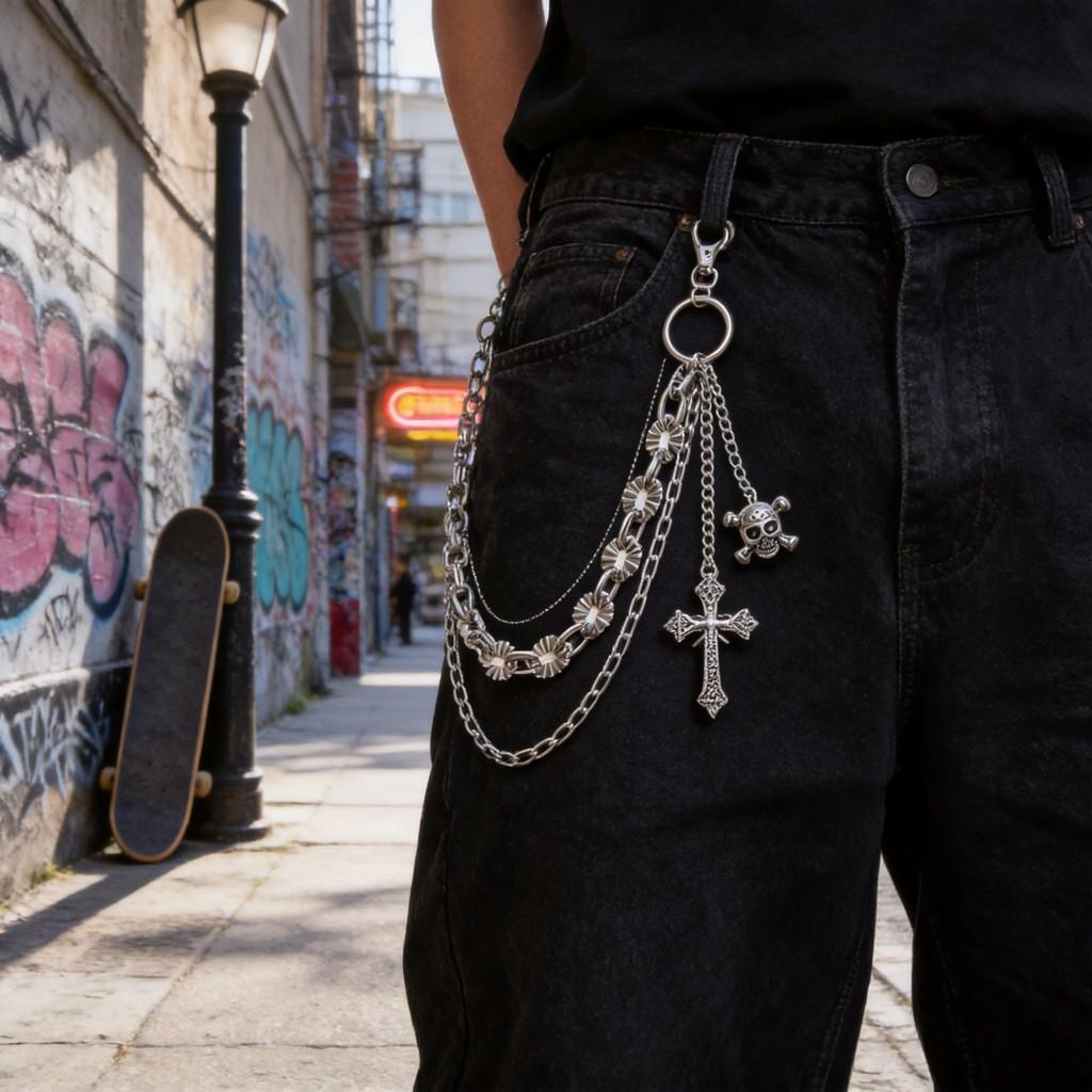 Hip Hop Skull Cross Pendant Metal Waist Chain For Men And Women
