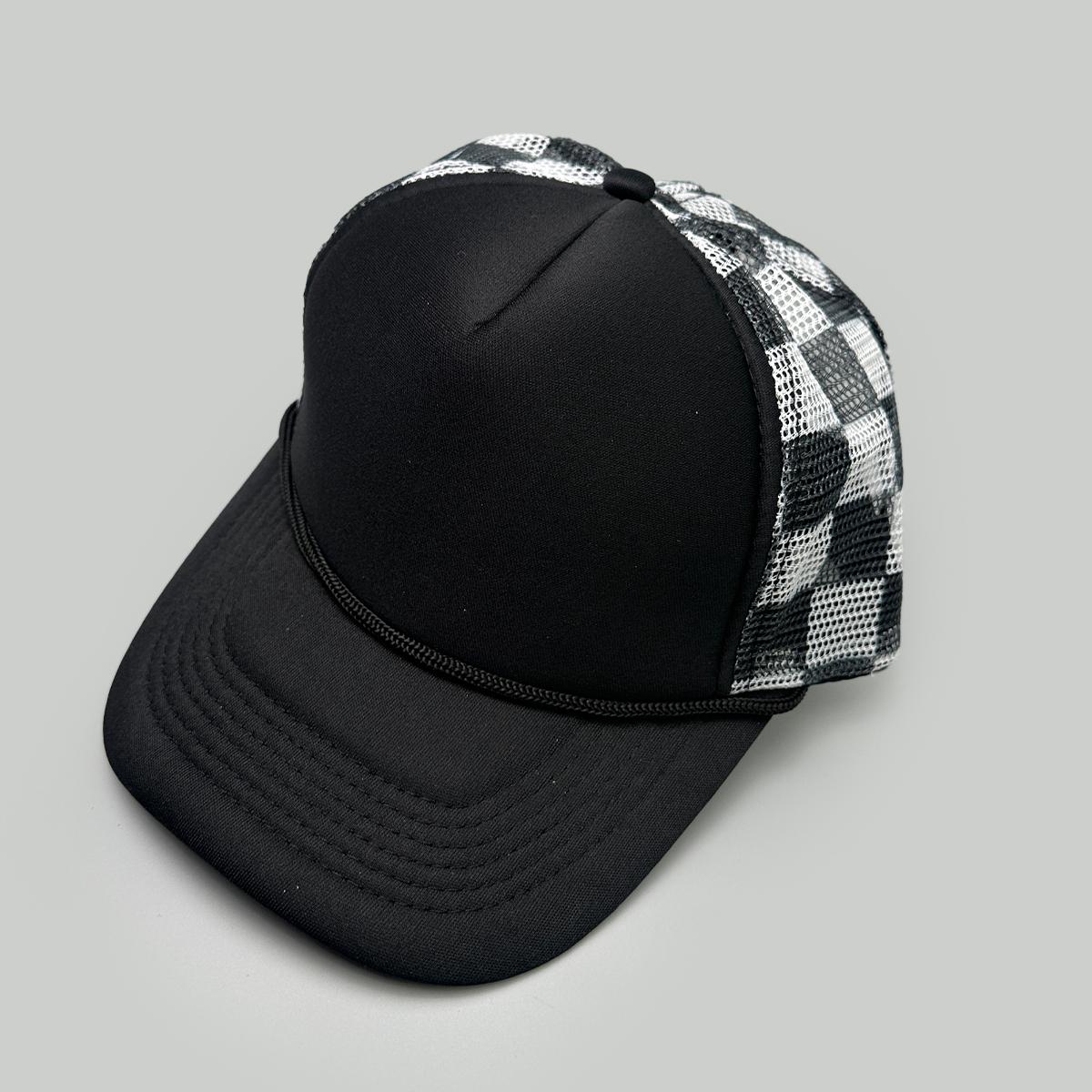 Einfache einfarbige karierte Camouflage-Farbe Baseballkappen Neue Unisex-Sonnenblende Farbblock Atmungsaktiv Lässig Vielseitig Netz-Trucker-Kappen 52-60cm black