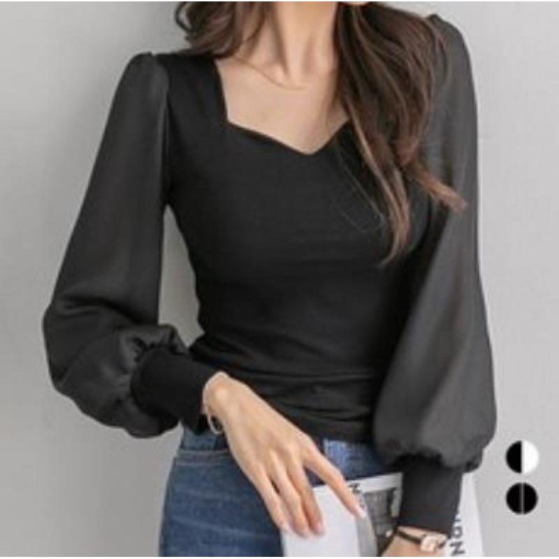 Chiffon Patchwork Long Sleeve Ribbed Top for Spring, Autumn, Winter Large чёрный