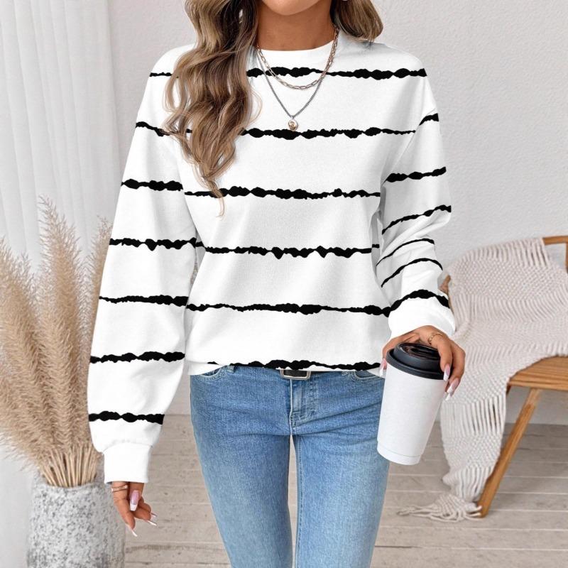 Spring and Autumn New Women s Fashion Casual Striped Loose and Versatile Pullover Sweatshirt S белый