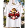 England Lion Soccer White T-shirt, Crowned Mascot Balls Shield Red Blue Splash and Bold National Supporter Art
