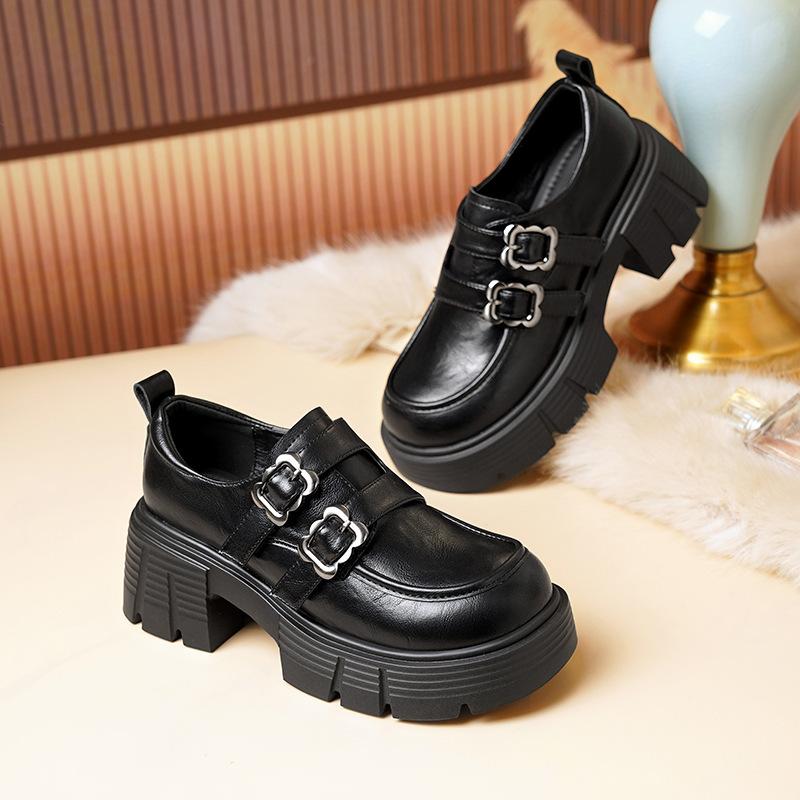 

Yuexinwang leather flat for Huizhou women s shoes Su Yinyin same small leather shoes brown versatile round head platform loafers 35 чёрный