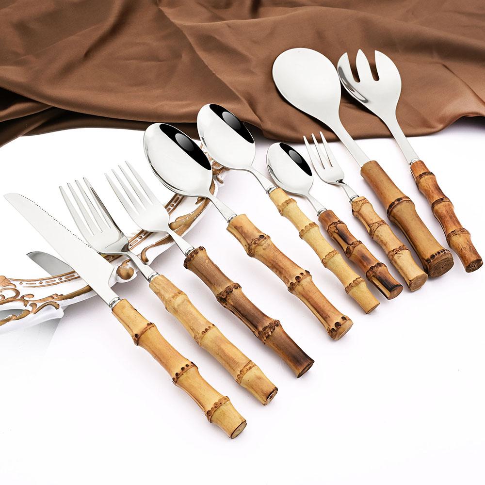 6Pcs Gold Natural Bamboo Handle 304 Dinnerware Set Stainless Steel Cutlery Set Upscale Knife Dessert Fork Spoon Tableware Set