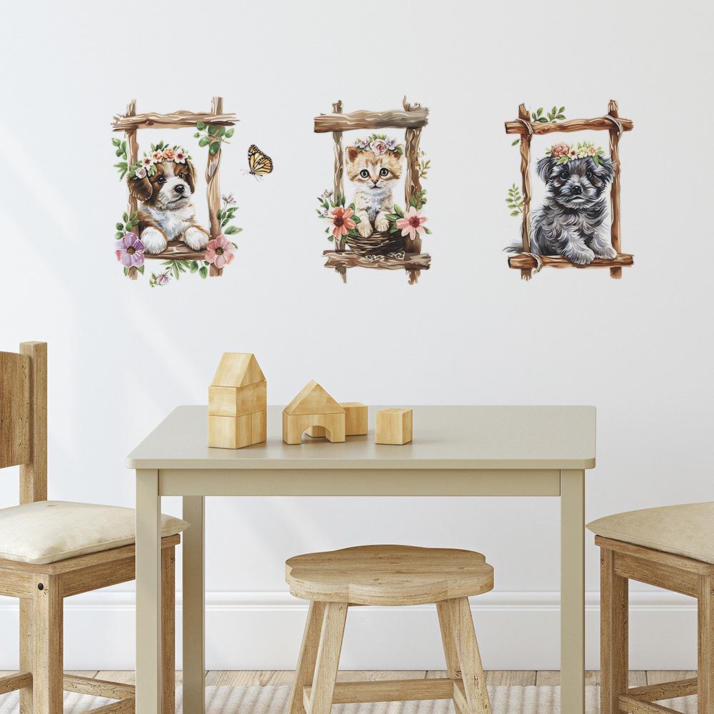 Cartoon Cat Dog Triptych Frame Wall Sticker Set Self-Adhesive for Kids Bedroom Wall Decoration