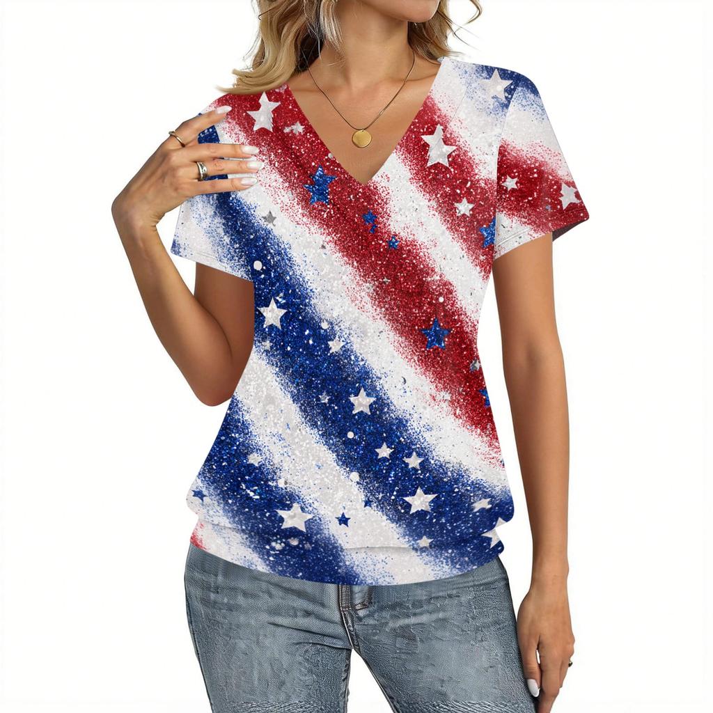 Women's Casual V Neck Short Sleeve Top Independence Day Print Lightweight Comfortable Summer Shirt for Everyday Wear