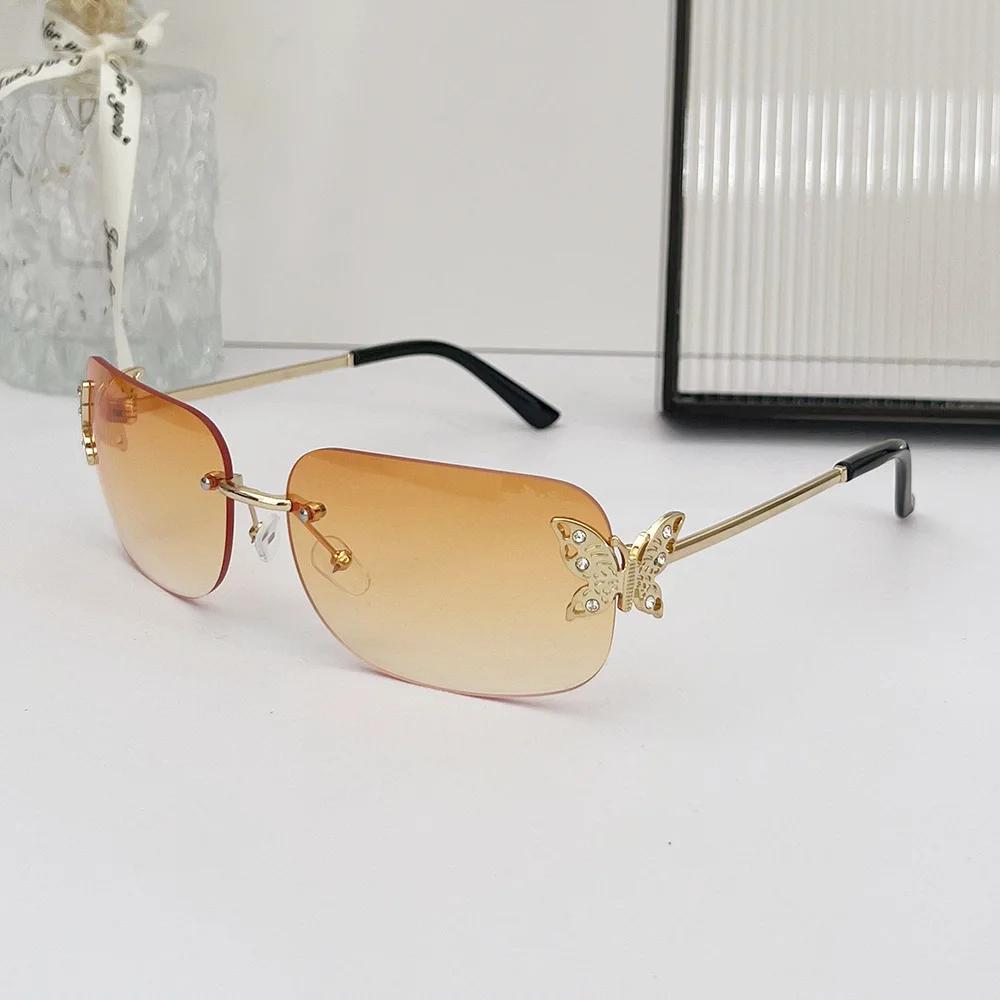 Rimless Butterfly Square Sunglasses Women For Men Vintage Sun Glasses Luxury Brand Designer Steampunk Pink Eyeglasses Uv400