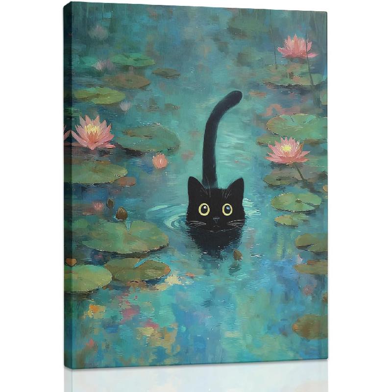 SVFGHGGN Funny Cute Black Cat Monet Water Lilies Framed Wall Art Canvas Pictures Decor Decorations for Bedroom Bathroom, Funny Black Cat Gifts for black cat