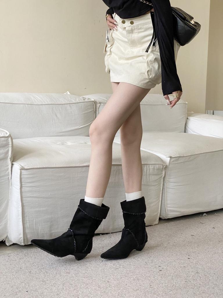 2025 European and American style wood grain and hand-tied pointed suede short boots
