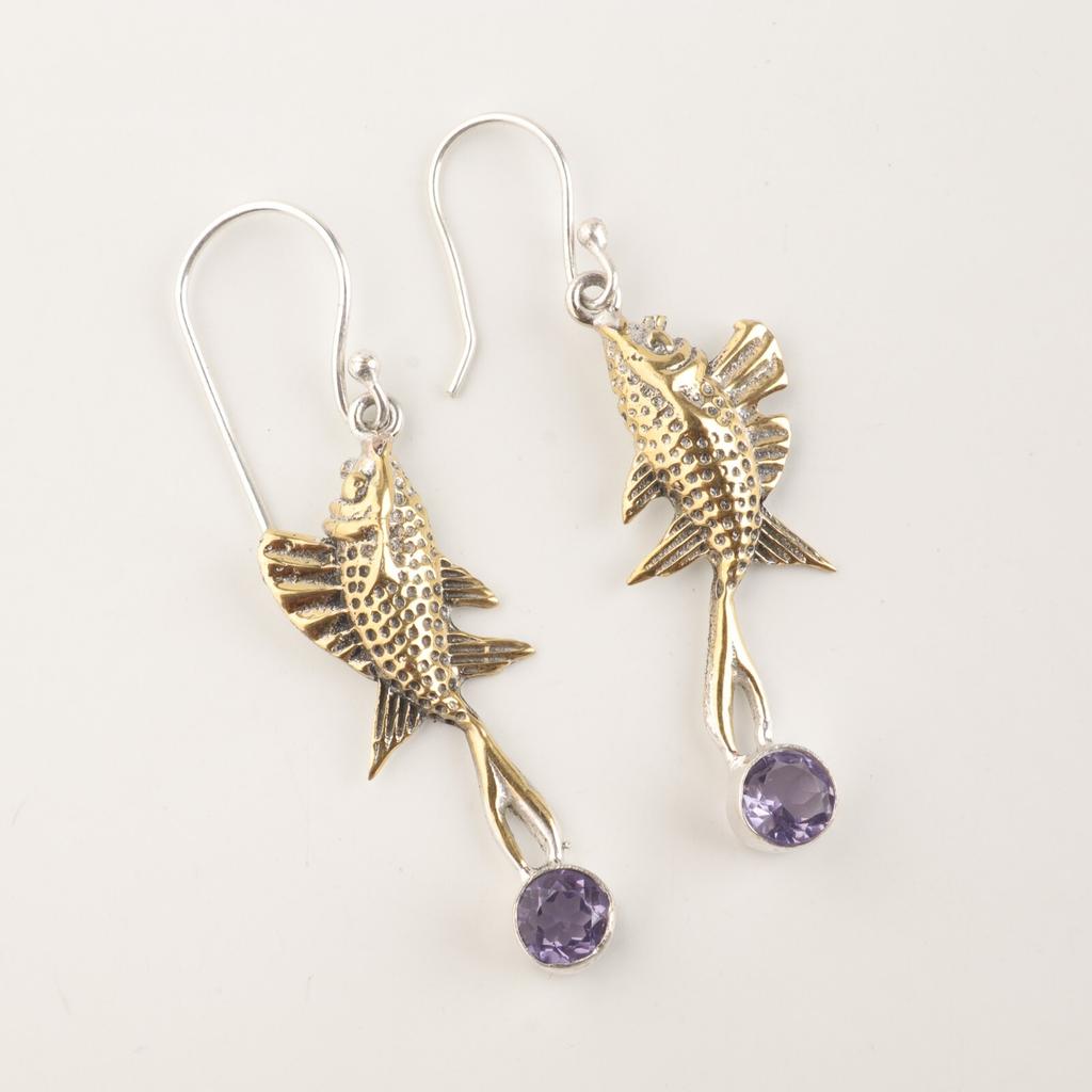 Natural Iolite Gemstone 925 Sterling Silver Jewelry Handmade Fish Earrings 2.17" EE-148-5