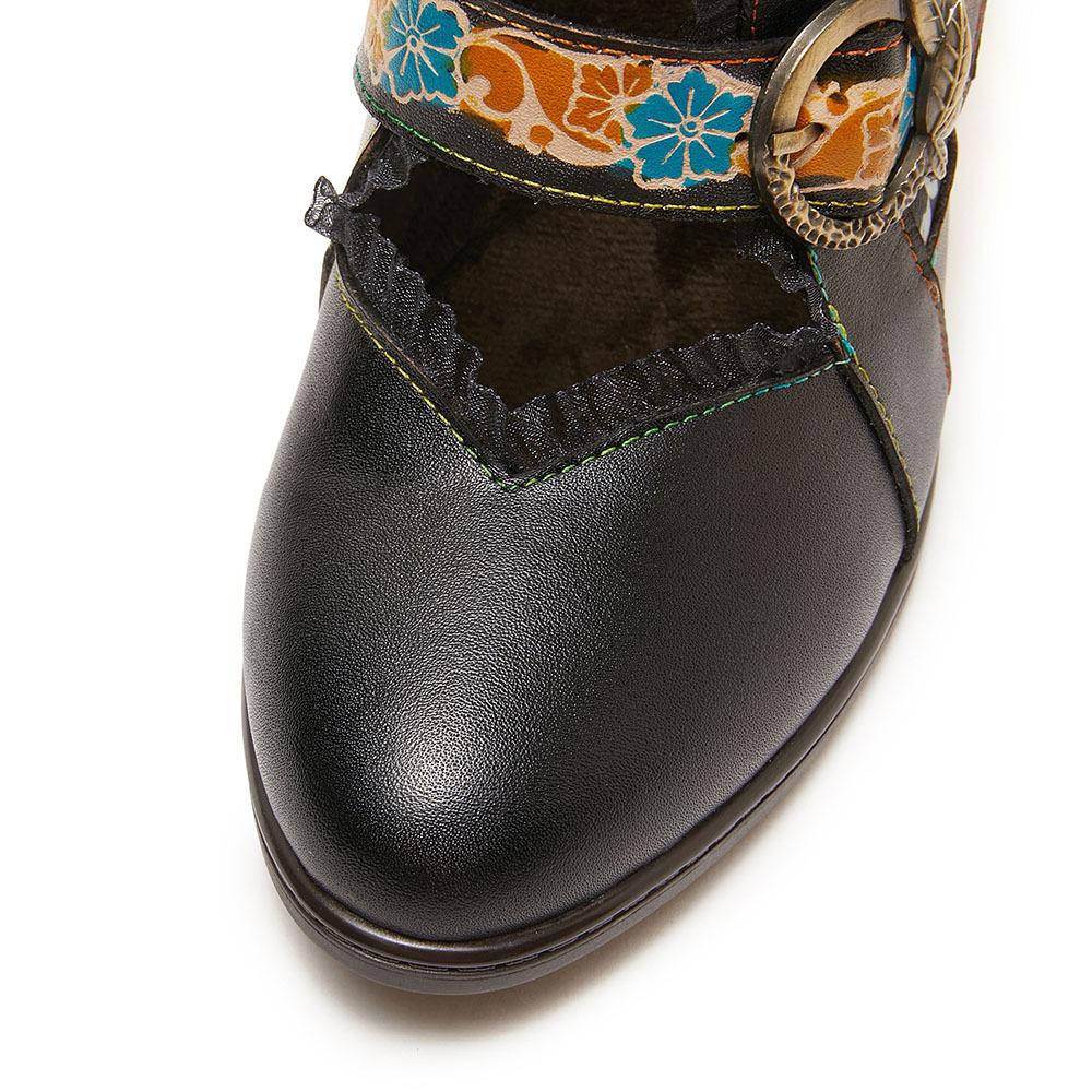 Johnature Genuine Leather Shoes Fashion Women's High Heels Retro Print Lace Versatile Short Boots