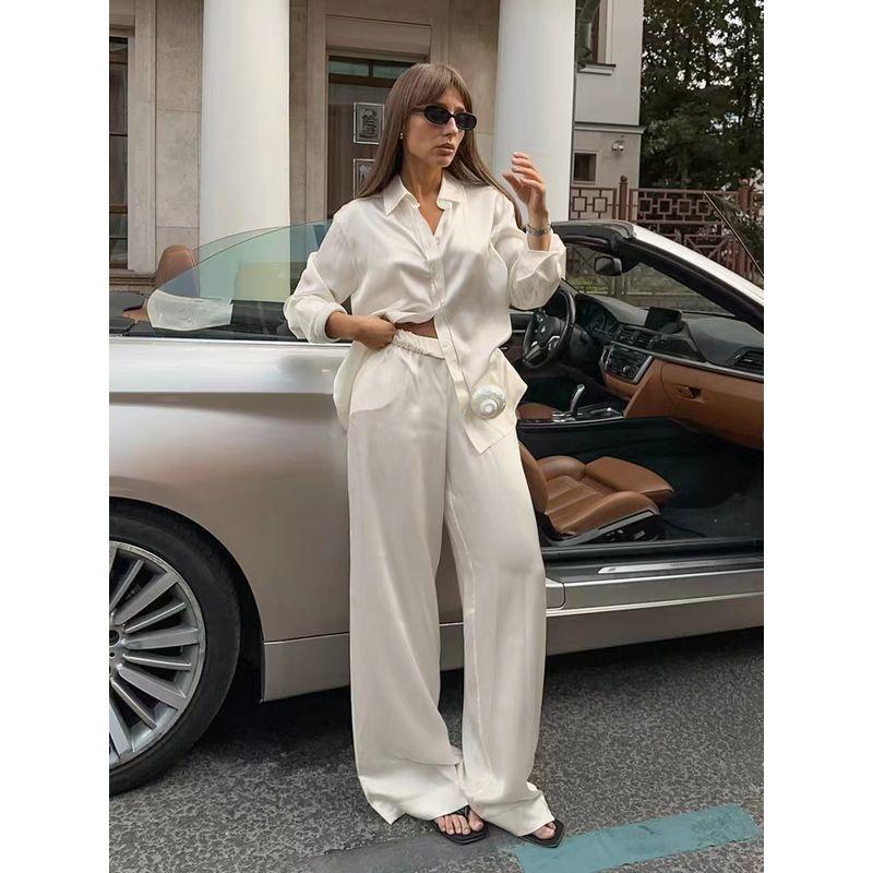 Fashion Fashion Casual Satin Matte Lapel Shirt High Waist Pants Suit Shirt and Pants Set