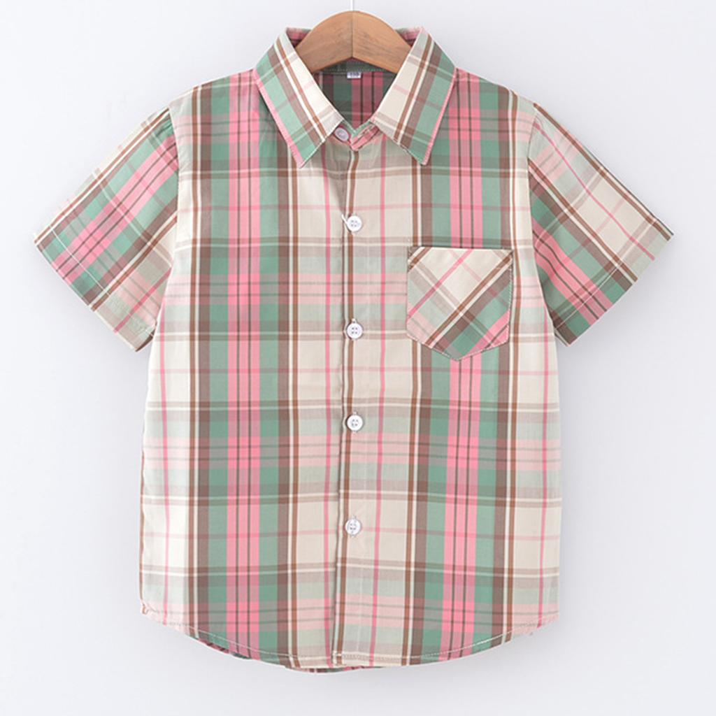 Children's Casual Plaid Shirt With Lapel And Short Sleeves
