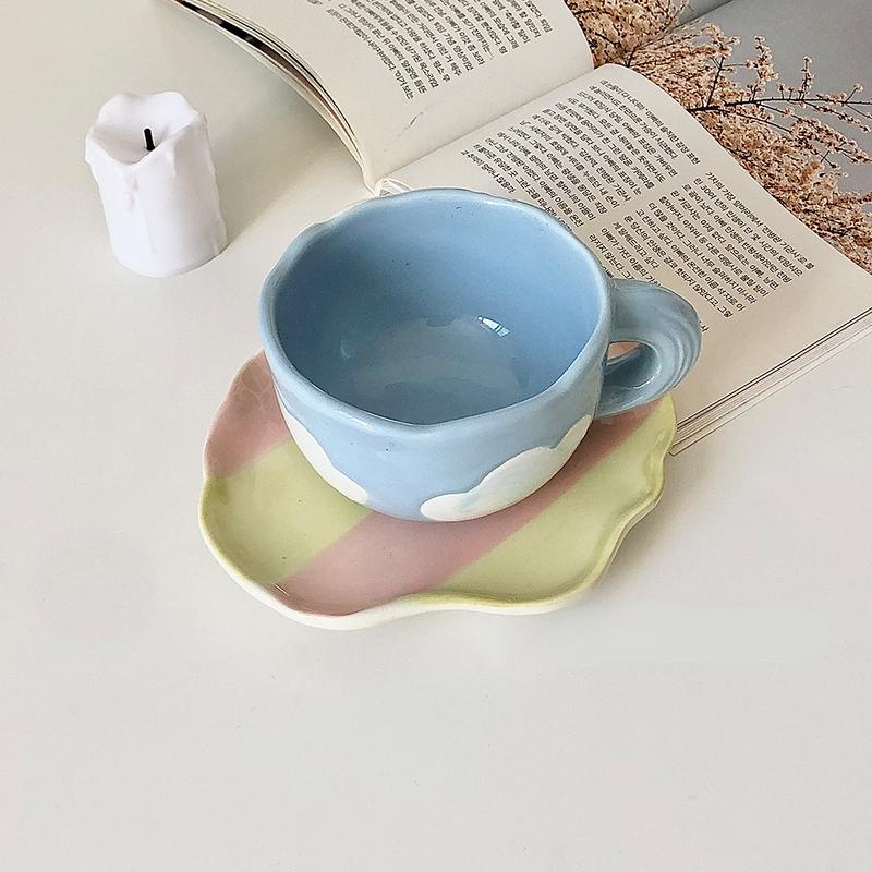Korean Girl's Heart Lovely Coffee Cup Dish Mug Latte Flower Hand Drawn Blue Sky White Cloud Cup For Home