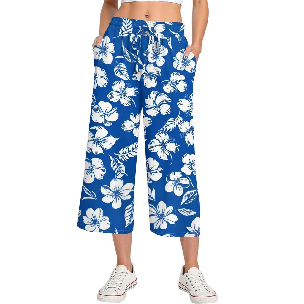 Damen Sommer Hohe Taille Bedruckte Freizeit-Sportbekleidung Lässige Cropped-Hose Weite Hose