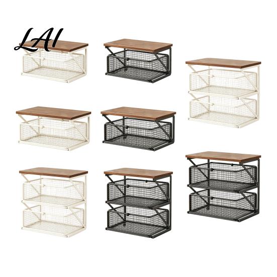 Office Desk Organizer Coffee Station with Drawer Tiered Bar Organizer Wooden Top Shelf Countertop Wire Mesh Drawers for Tea Bags Capsules,
