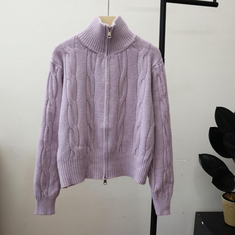 Autumn Winter Stand Collar Fried Dough Twist Zipper Knitting Coat Women Casual Fashion Cardigan Sweater Top