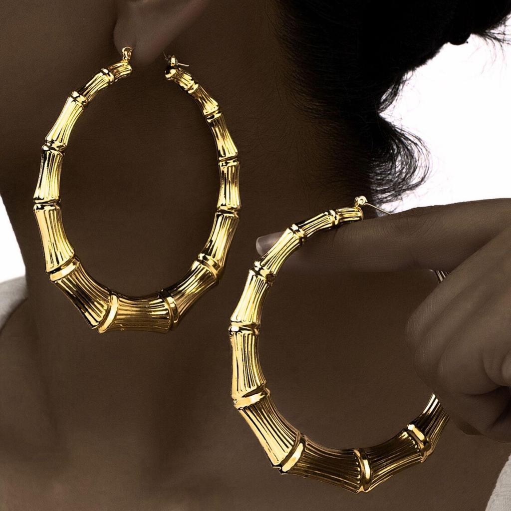 Gold Hip Hop Bamboo Hoop Earrings – Extra Large Exaggerated Circle Studs
