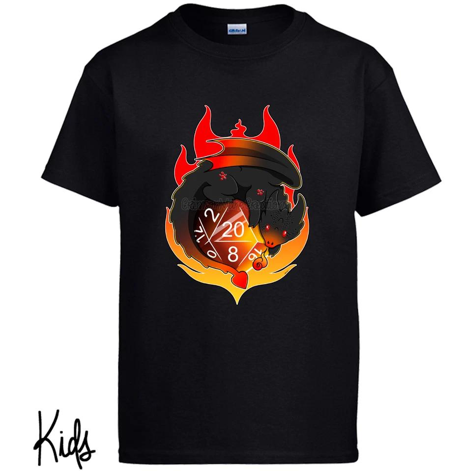 D20 Fire Dragon kids boys T-Shirt, DnD Dice Fantasy RPG Table Game, Mens Ladies Kids Sizes 110
