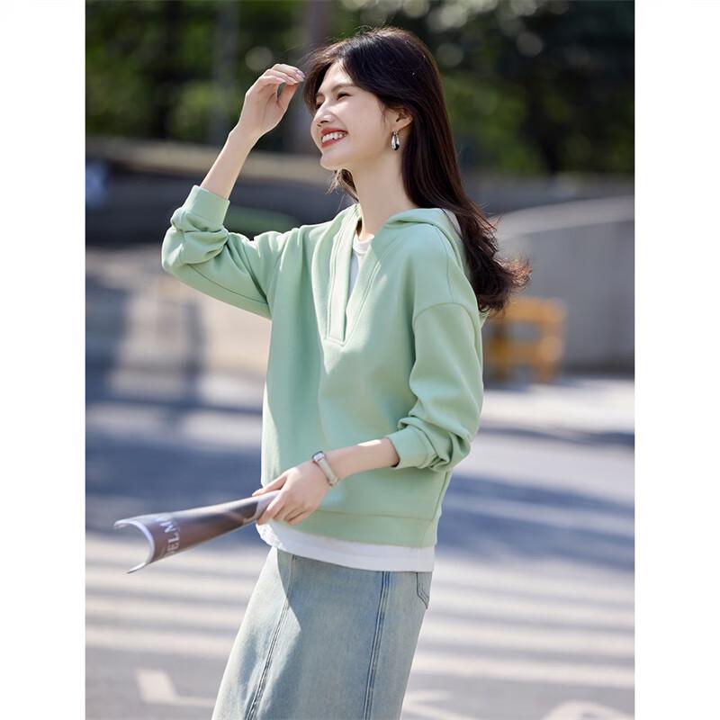 

Women s Casual Hooded Layered Sweatshirt with Contrast Patchwork Hem M