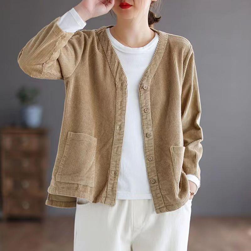2026 Autumn Retro Plus Size Women's Loose Corduroy Jacket, Hong Kong Style