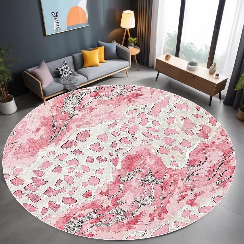 Leopard Pink Round Carpet Vintage Dressing Table Rug Washable Floor Mat for Living Room Bedroom Decor