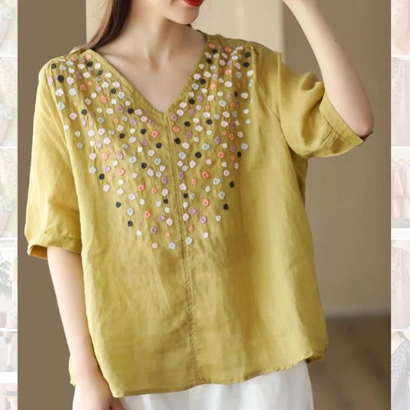 Yellow V Neck Half Sleeve Polka Dot Embroidered Linen Blouse for Women