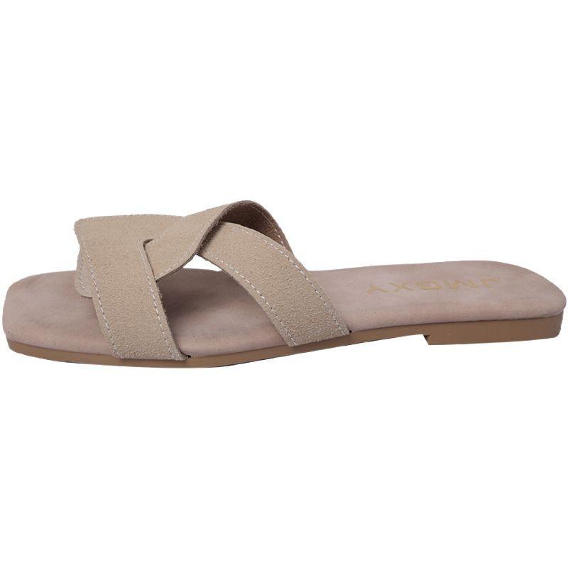 Hausschuhe in Übergröße Damen Frühling und Sommer neue gekreuzte Damenhausschuhe Mode flacher Absatz Damen coole Hausschuhe