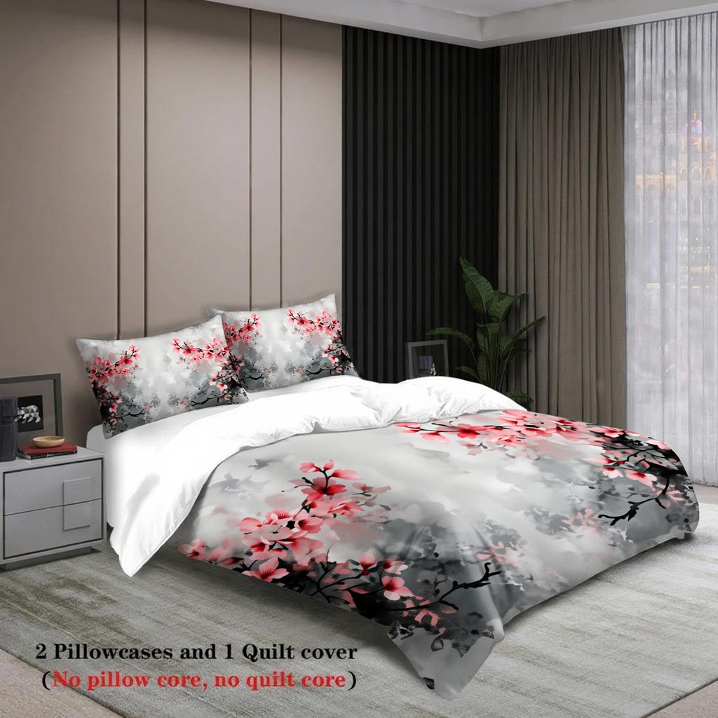 3Pcs Cherry Blossom Bedding Sets 3D Printed Floral Pattern Duvet Cover Sets With Pillowcases No Filling Grey Gradient Base