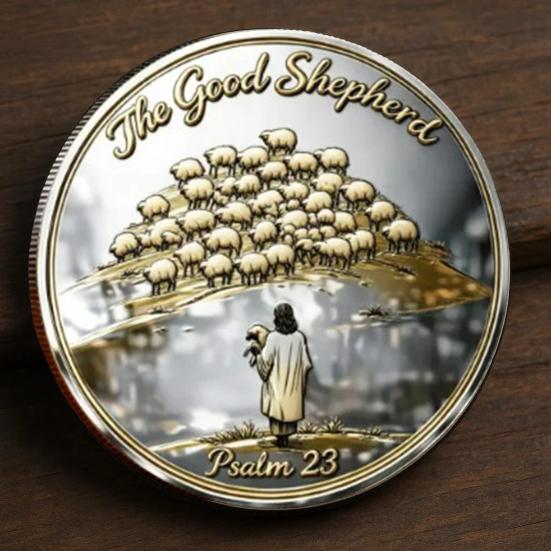 Thou Art with Me Faith Commemorative Coin Jesus The Good Shepherd Protecting Lamb from Wolves Pocket Token Psalm 23:4 Faith Challenge Coin Religious