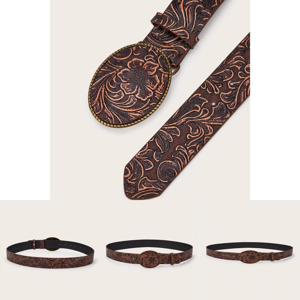 Fashion Retro Flower Pattern Oval Buckle Decoration Women Wide Belt For Hiphop Enthusiasts